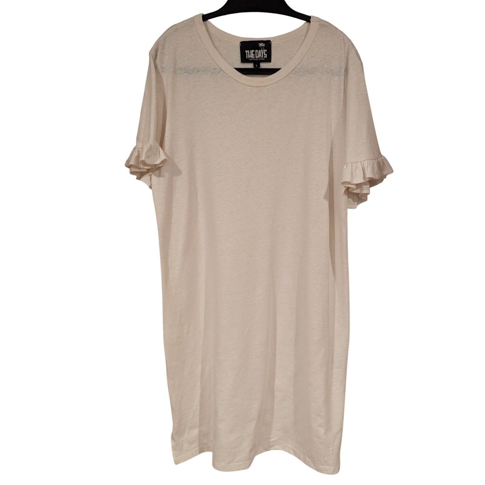 THE DAYS Organic Cotton Hemp Blend Ruffle Sleeve Tunic Dress‎ Cream Large